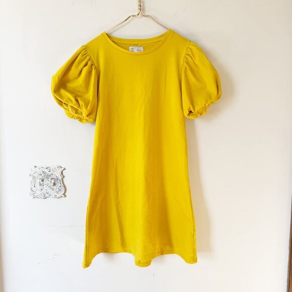 Anthropologie Saturday Sunday Yellow Gold Sunny Puff Sleeve Sweatshirt Dress S - Picture 2 of 7